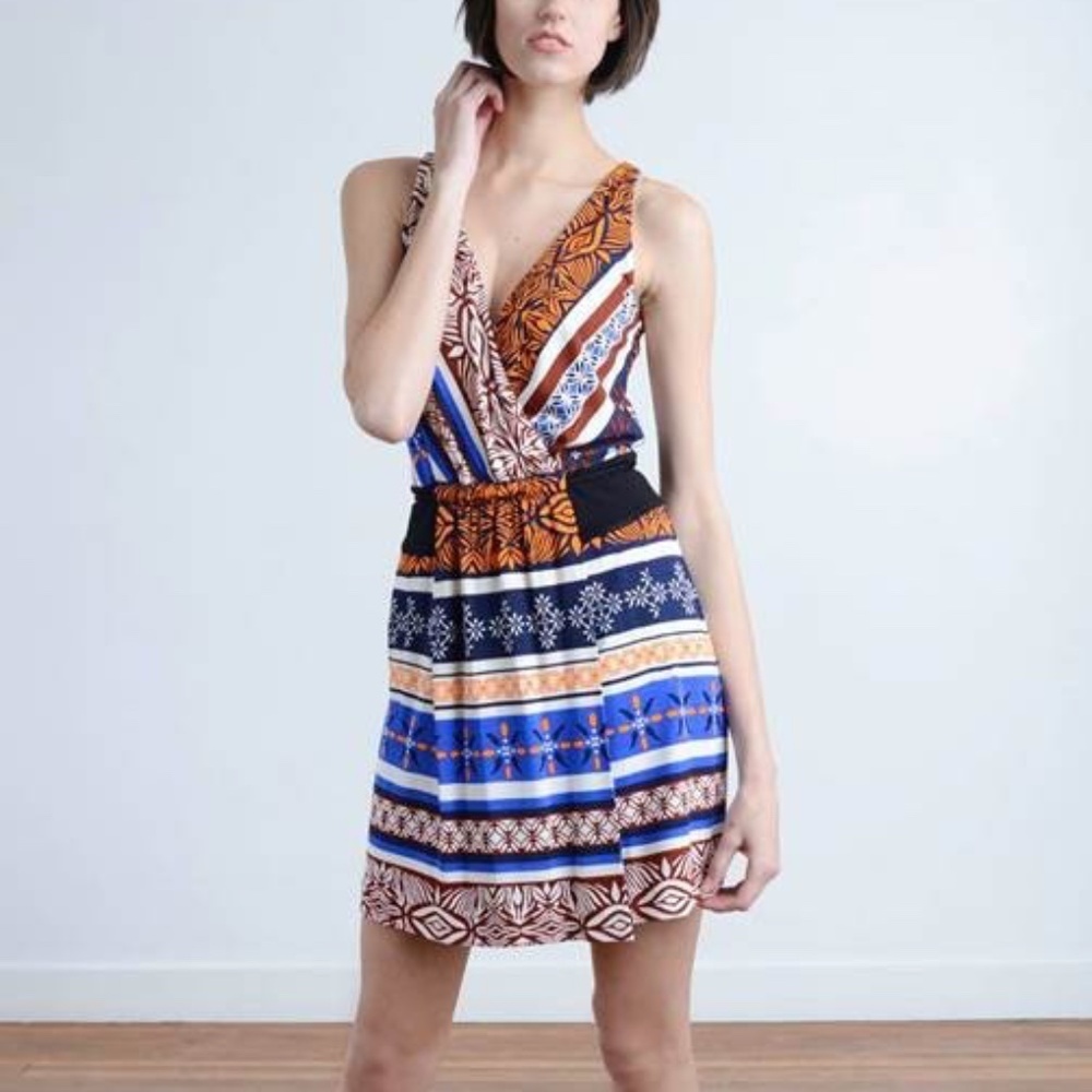 Diane von Furstenberg Oblixe Silk Sleeveless Mini Dress Boho Tribal Print V Neck